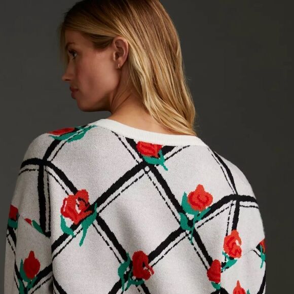 Anthropologie L Maeve Oversized Crop Crewneck Trellis Floral Pullover Sweater - Picture 4 of 16
